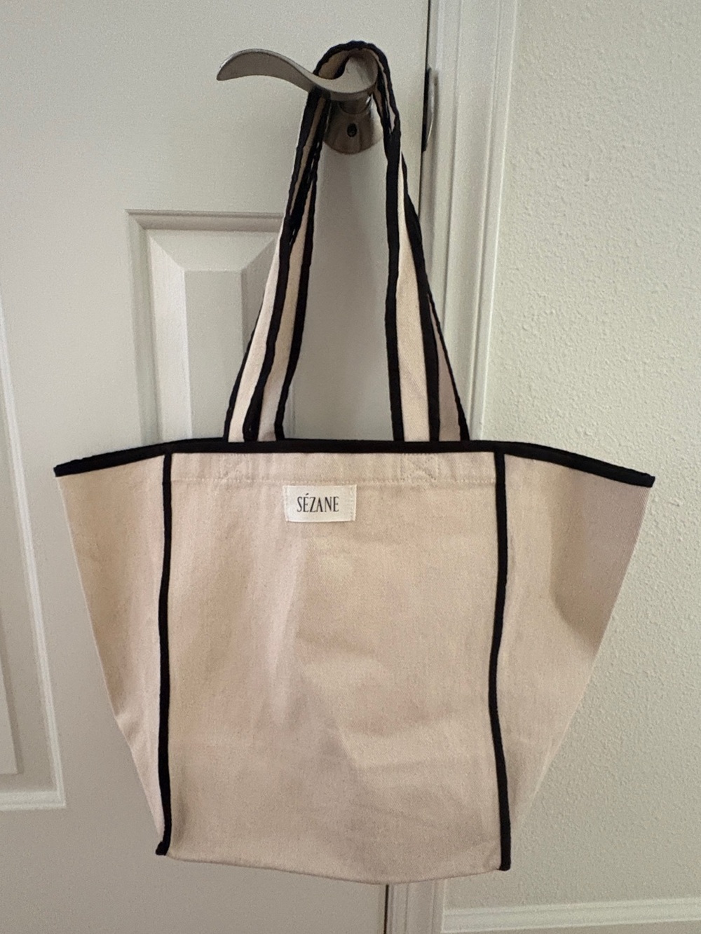 Sézane Cream Canvas Tote with Black Trim